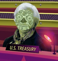 the u s treasury has a woman sitting in front of it