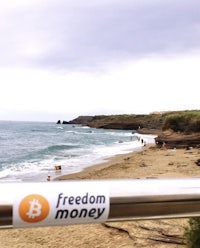 a sign that says freedom money on a beach