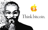 an image of an apple logo with the words think bitcoin