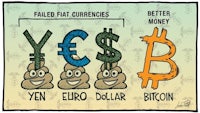 a cartoon of a poop, a dollar, a yen, and a bitcoin